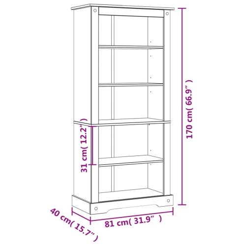 vidaXL 5-Tier Bookcase Mexican Pine Corona Range 80x40x170 cm