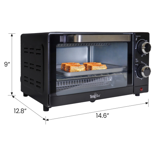 Total Chef 4-Slice Toaster Oven, 1000W, Black Compact Countertop Oven with Natural Convection, Baking Pan and Toasting Rack, Bake, Toast, Roast
