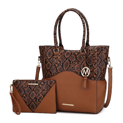 Iris Snake Embossed Vegan Leather Women’s Tote Bag with matching Wristlet  Pouch - 2 pieces by Mia K