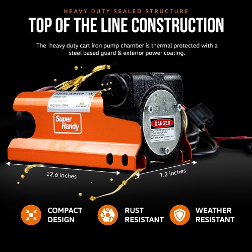 SuperHandy Diesel Transfer Pump Kit: 10GPM/40LPM, Heavy-Duty Portable Electric DC 12V, Alligator Clamps, Aluminum Manual Nozzle, Delivery & Suction