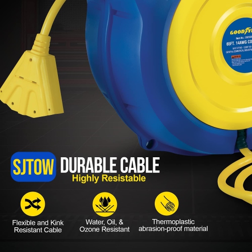 Goodyear Retractable Air Hose Reel: 9.5mm x 15.2m SBR Hose, 300 Psi, Steel Construction, Heavy-Duty Single Arm, L-Shape Base.
