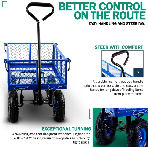 Landworks All-Terrain Lawn & Garden Utility Cart/Beach Wagon with Heavy Duty Removable Side Meshes - 181.4 kg Capacity, Blue