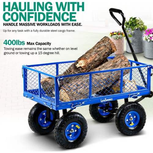 Landworks All-Terrain Lawn & Garden Utility Cart/Beach Wagon with Heavy Duty Removable Side Meshes - 181.4 kg Capacity, Blue