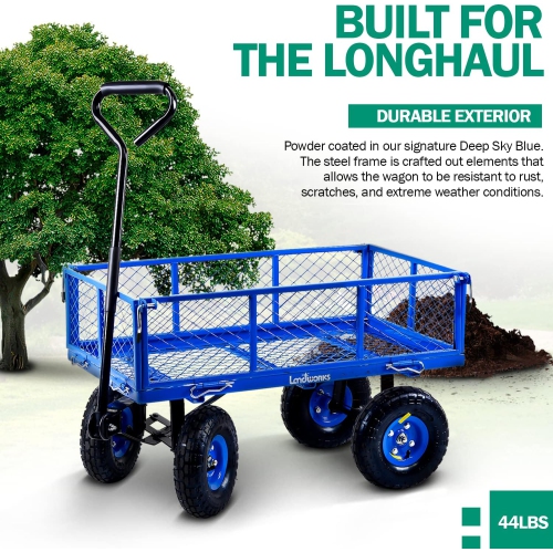 Landworks All-Terrain Lawn & Garden Utility Cart/Beach Wagon with Heavy Duty Removable Side Meshes - 181.4 kg Capacity, Blue