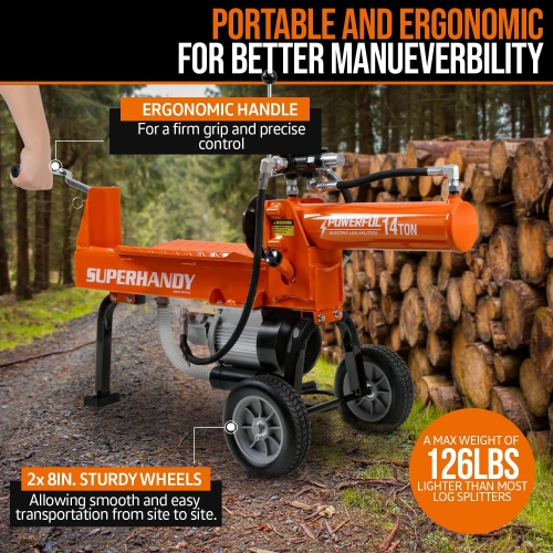 SuperHandy Portable Electric Log Splitter: 14 Ton, Auto Return Hydraulic Ram, Bucher Gear Pump, 2.5eHP Motor, Horizontal Steel Wedge. Ideal for