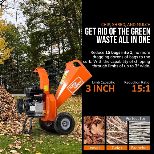 SuperHandy Mini Wood Chipper Shredder Mulcher - Heavy Duty, 7HP 212cc, Compact Design, 7.6 cm Max Capacity