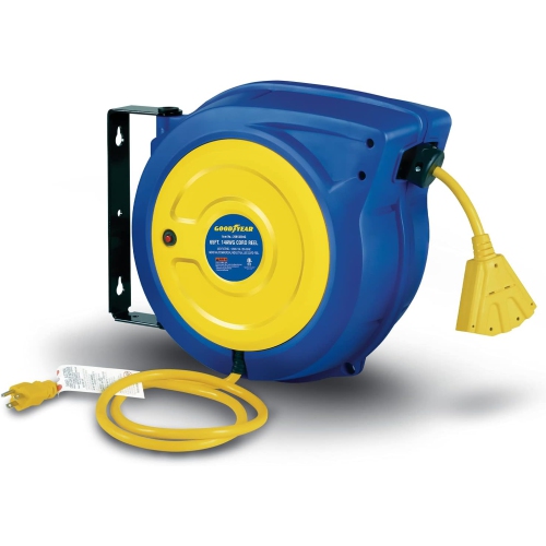 Goodyear Retractable Cord Reel: Extra Long 19.8m, 14AWG 3C SJTOW,  Commercial Grade Ultra Flexible Cable, Triple Tap Connector, Slow  Retraction for Indoor & Outdoor Use.