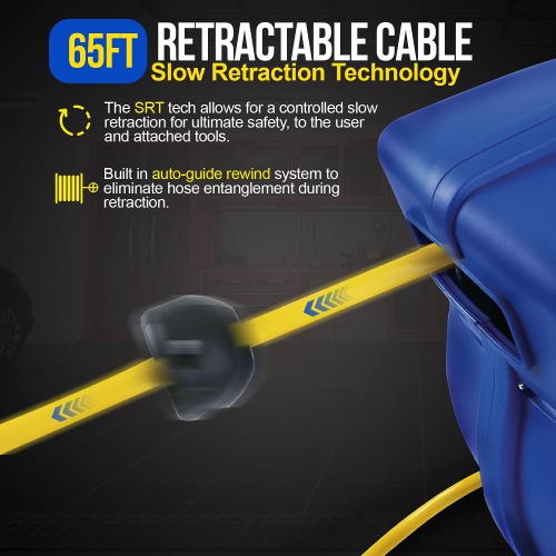 Goodyear Retractable Cord Reel: Extra Long 19.8m, 14AWG 3C SJTOW,  Commercial Grade Ultra Flexible Cable, Triple Tap Connector, Slow  Retraction for Indoor & Outdoor Use.