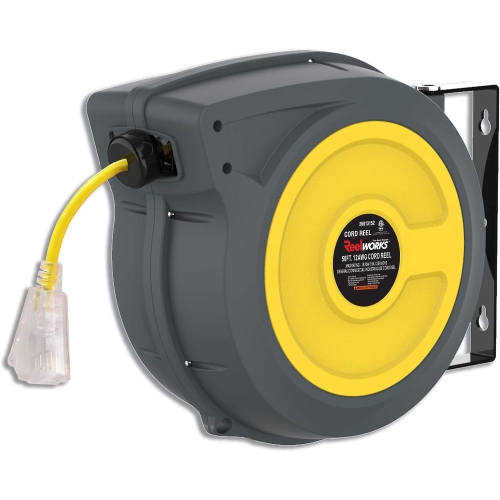 ReelWorks Retractable Extension Cord Reel - 15.2m, 12AWG 3C/SJTOW, Glow Strip Cable with Light-Up Triple Tap Connector, Advanced Slow Retraction