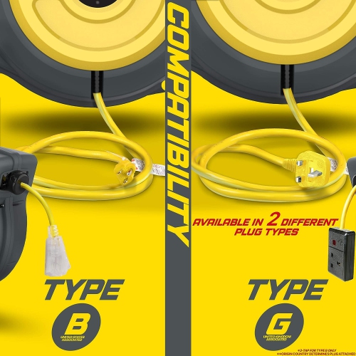 ReelWorks Retractable Extension Cord Reel - 15.2m, 12AWG 3C/SJTOW, Glow Strip Cable with Light-Up Triple Tap Connector, Advanced Slow Retraction