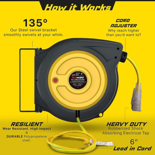 ReelWorks Retractable Extension Cord Reel - 15.2m, 12AWG 3C/SJTOW, Glow Strip Cable with Light-Up Triple Tap Connector, Advanced Slow Retraction