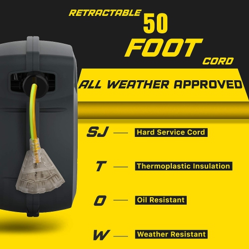 ReelWorks Retractable Extension Cord Reel - 15.2m, 12AWG 3C/SJTOW, Glow Strip Cable with Light-Up Triple Tap Connector, Advanced Slow Retraction