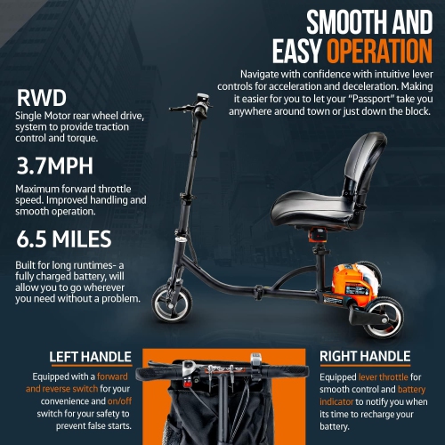 SuperHandy Folding Mobility Scooter - Electric Powered, Lightest Available, Airline Friendly, Long Range Travel with 2 Detachable 48V Lithium-Ion