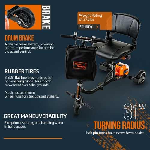 SuperHandy Folding Mobility Scooter - Electric Powered, Lightest Available, Airline Friendly, Long Range Travel with 2 Detachable 48V Lithium-Ion