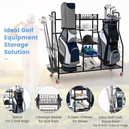 Gymax Extra Large Golf Bag Storage Organizer for Garage Fits 2 Golf Bags & Accessories