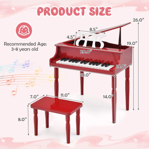 Gymax 30-Key Classic Baby Grand Piano Toddler Toy Wood w/ Bench & Music Rack Red