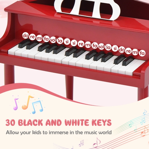 Gymax 30-Key Classic Baby Grand Piano Toddler Toy Wood w/ Bench & Music Rack Red