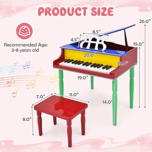 Gymax 30-Key Classic Baby Grand Piano Toddler Toy Wood w/ Bench & Music Rack Colorful