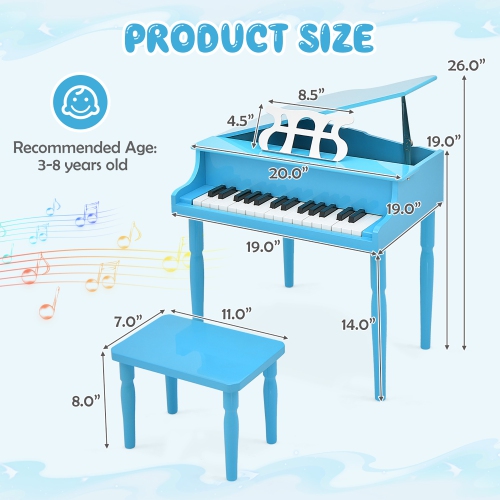 Gymax 30-Key Classic Baby Grand Piano Toddler Toy Wood w/ Bench & Music Rack Blue