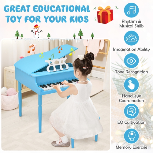 Gymax 30-Key Classic Baby Grand Piano Toddler Toy Wood w/ Bench & Music Rack Blue