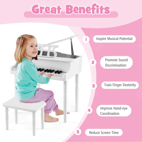 Gymax 30-Key Classic Baby Grand Piano Toddler Toy Wood w/ Bench & Music Rack White