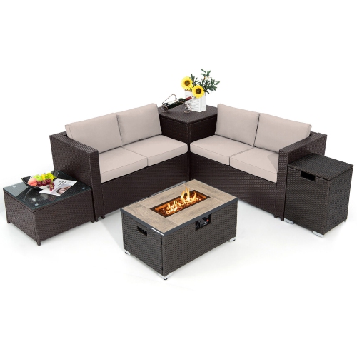GYMAX  6 Piece Patio Sofa & Fire Table Set Outdoor Rattan Sectional Sofa Set W/ Storage Box In Beige