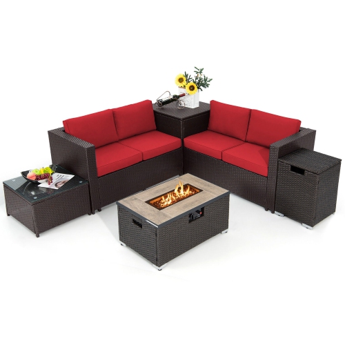 GYMAX  6 Piece Patio Sofa & Fire Table Set Outdoor Rattan Sectional Sofa Set W/ Storage Box In Red