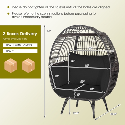 Gymax Patio Rattan Wicker Lounge Chair Oversized Outdoor Metal Frame Egg Chair w/ 4 Cushions Black