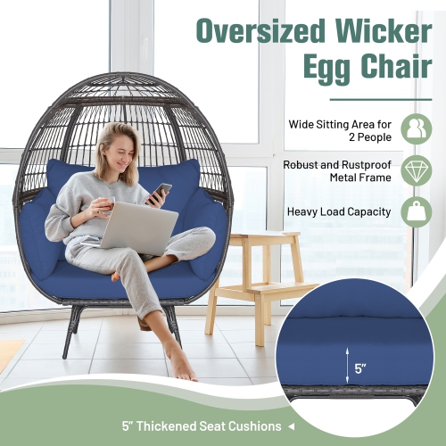 Gymax Patio Rattan Wicker Lounge Chair Oversized Outdoor Metal Frame Egg Chair w/ 4 Cushions Navy
