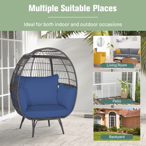 Gymax Patio Rattan Wicker Lounge Chair Oversized Outdoor Metal Frame Egg Chair w/ 4 Cushions Navy