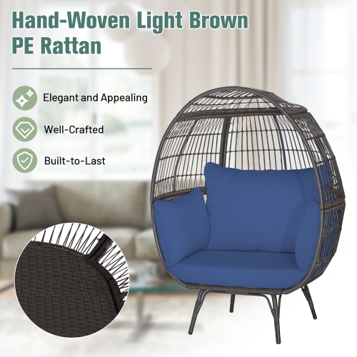 Gymax Patio Rattan Wicker Lounge Chair Oversized Outdoor Metal Frame Egg Chair w/ 4 Cushions Navy