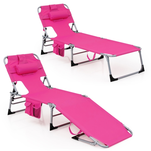 GYMAX  Set Of 2 Beach Chaise Lounge Chair Folding Reclining Chair W/ Facing Hole