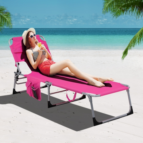 Gymax Portable Beach Chaise Lounge Chair Folding Reclining Chair w/ Facing Hole