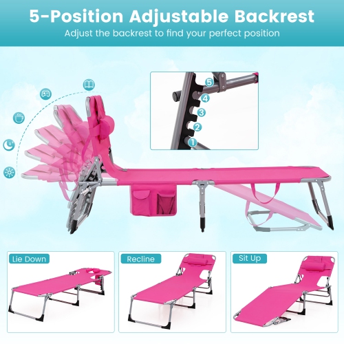 Gymax Portable Beach Chaise Lounge Chair Folding Reclining Chair w/ Facing Hole
