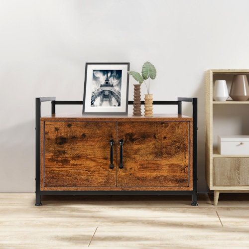 Large Space Wooden Cat Litter Box Enclosure with a Side Window，Indoor Cat Washroom Furniture Hidden with Louvered Door