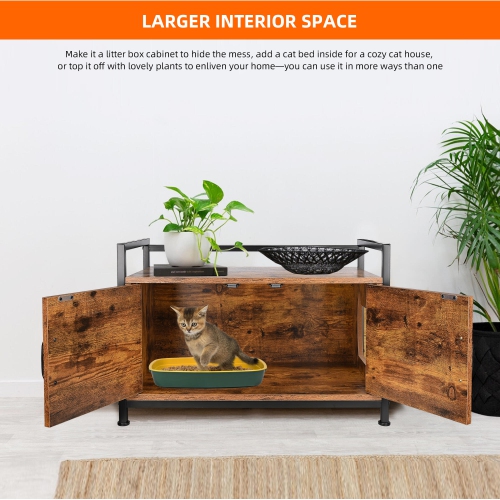 Large Space Wooden Cat Litter Box Enclosure with a Side Window，Indoor Cat Washroom Furniture Hidden with Louvered Door