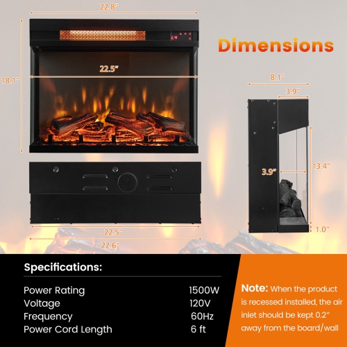 Costway 23" 3-Sided Electric Fireplace Insert Heater 1500W with Thermostat & Remote Control