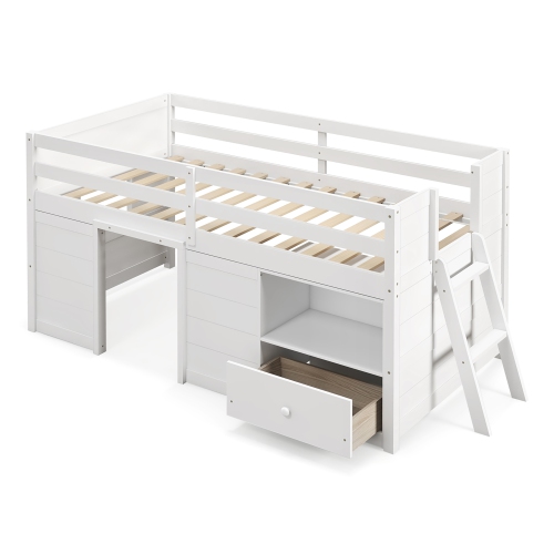 COSTWAY  Twin Size Low Loft Bed With Storage Drawer Activity Center Solid Wood Bed Frame