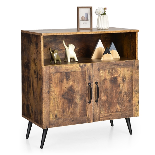 COSTWAY  Mid-Century Storage Cabinet Sideboard W/ Doors Wine Glass Racks Rustic In Brown
