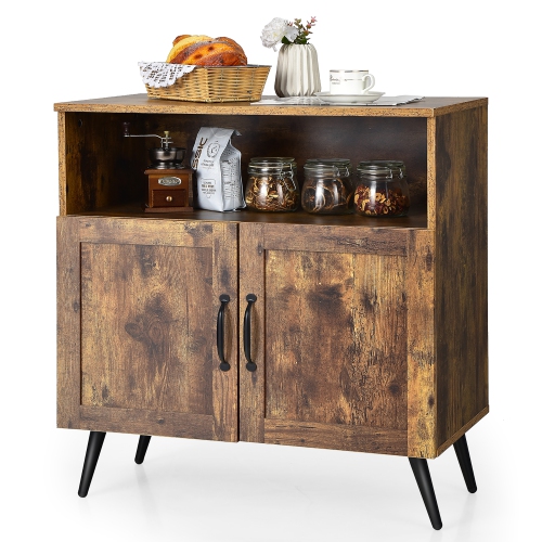 Costway Mid-century Storage Cabinet Sideboard w/ Doors Wine Glass Racks Rustic Brown