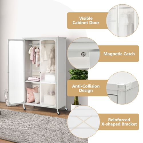 Costway Storage Wardrobe Cabinet Mobile Armoire Closet with Hanging Rod & Adjustable Shelf