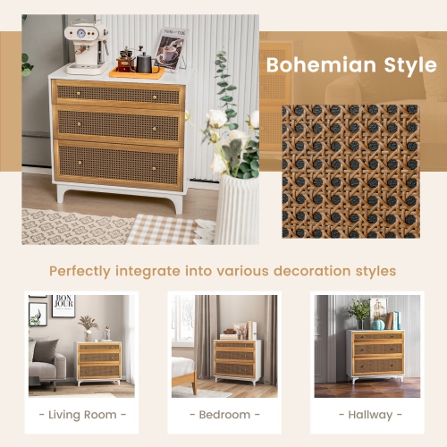 Costway 3-Drawer Rattan Dresser Modern Closet Chest Storage Cabinet Living Room Entryway