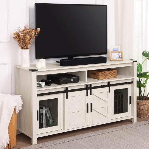 WAMPAT TV Stand for 65+ Inch TVs, Farmhouse Entertainment Center with Mesh & Sliding Barn Doors, Wood Media Console with Soundbar & Adjustable Shelf,