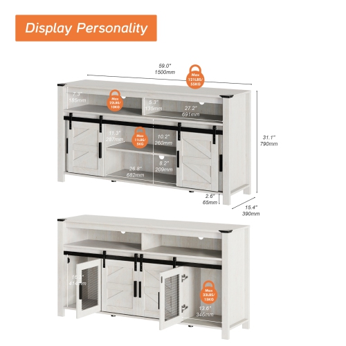 WAMPAT TV Stand for 65+ Inch TVs, Farmhouse Entertainment Center with Mesh & Sliding Barn Doors, Wood Media Console with Soundbar & Adjustable Shelf,