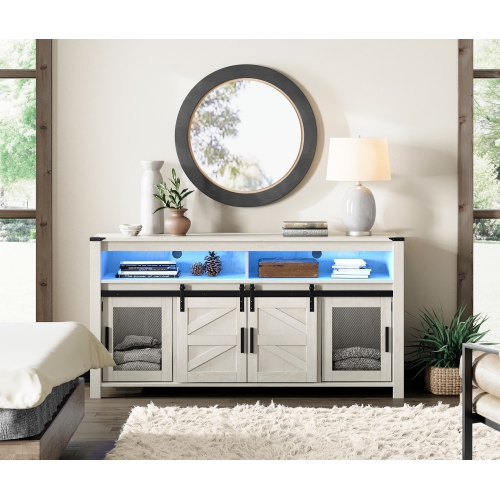 WAMPAT TV Stand for 65+ Inch TVs, Farmhouse Entertainment Center with Mesh & Sliding Barn Doors, Wood Media Console with Soundbar & Adjustable Shelf,