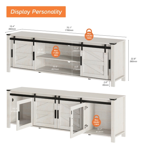 WAMPAT Farmhouse TV Stand for 75 Inch TV with Sliding Barn Door, Wood Mid Center with Blue Light for Living Room Bedroom, 70" TV Console Table