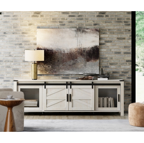 WAMPAT Farmhouse TV Stand for 75 Inch TV with Sliding Barn Door, Wood Mid Center with Blue Light for Living Room Bedroom, 70" TV Console Table