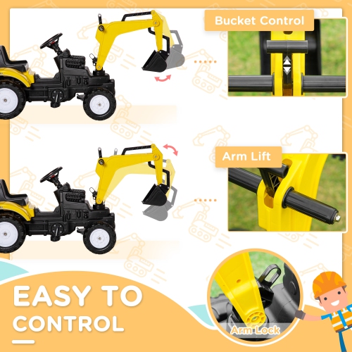 Aosom Kids Ride on Excavator Toy, Pedal Tractor Ride on Toys, Pretend Play Construction Car for Kids & Toddlers, 3-6 Years Old, Yellow