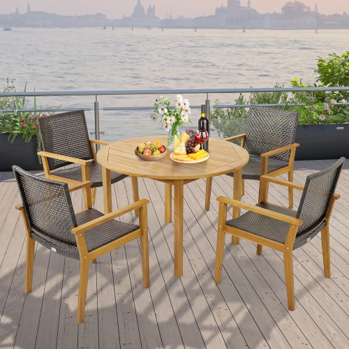 Gymax Outdoor Rattan Chair Set of 4 Patio PE Wicker Dining Chairs w/ Sturdy Acacia Wood Frame