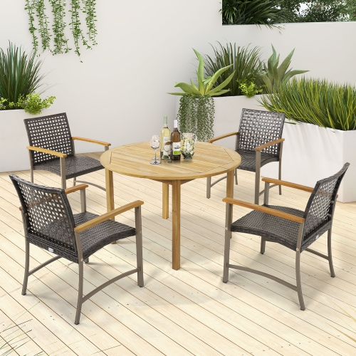 Gymax Outdoor Rattan Chair Set of 4 Patio PE Wicker Dining Chairs w/ Acacia Wood Armrests Balcony Poolside